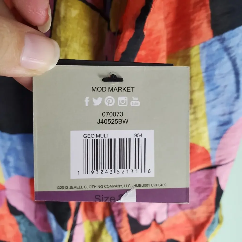 John Mark Artsy Boho LS Button Tunic Top Colorful Abstract Blouse Lagenlook 2X